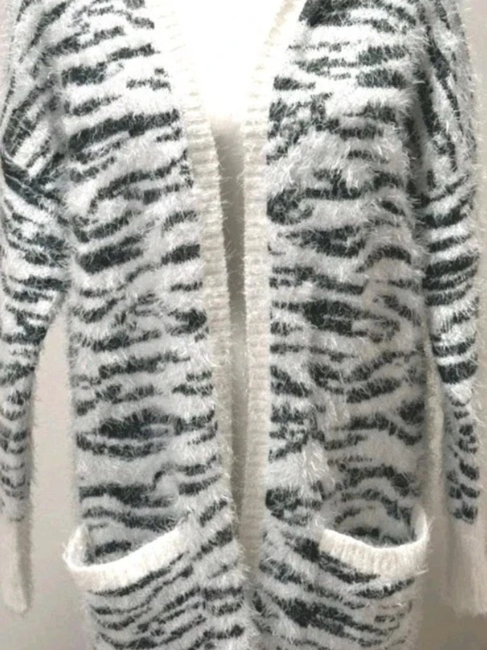 Mudd Fuzzy Open-Front Zebra Stripe Cardigan - White & Gray